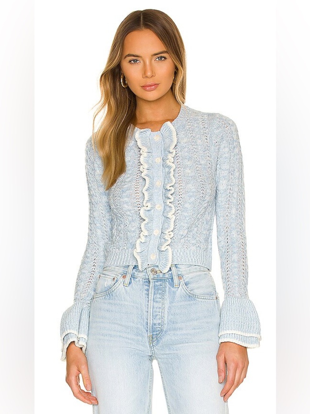NWT TULAROSA Starlene Ruffle Knit Cardigan Sweater In Baby Blue Size Medium